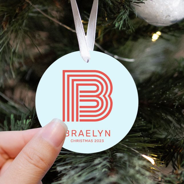 Retro Monogramm und Name Rot und Blau Weihnachten Ornament Aus Metall (Von Creator hochgeladen)