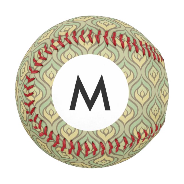 Retro-Monogramm-Vintag-grün-gelbes Muster Baseball (Vorderseite Links)
