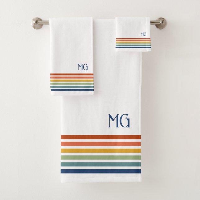 Retro Monogrammed Minimalist Stripes Badhandtuch Set (Insitu)