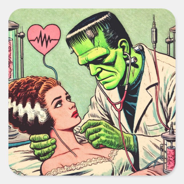 Retro Monster-Liebe-Comicen Quadratischer Aufkleber (Vorderseite)