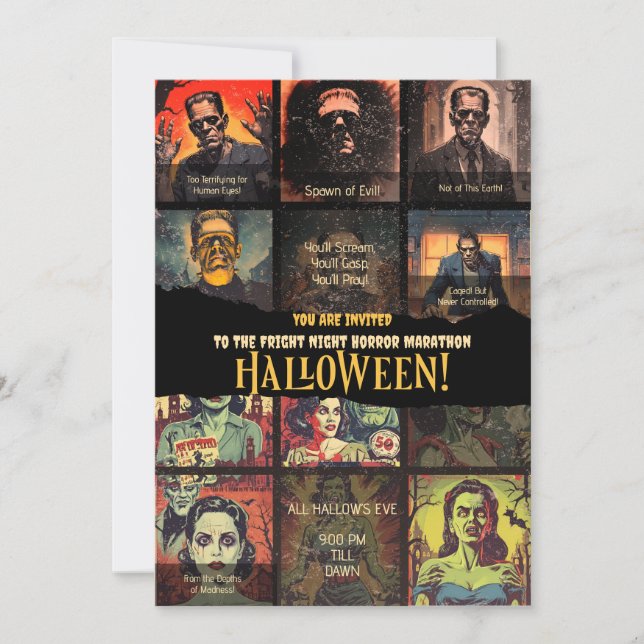 Retro Monster Movie Horror Halloween-Party Einladung (Vorderseite)