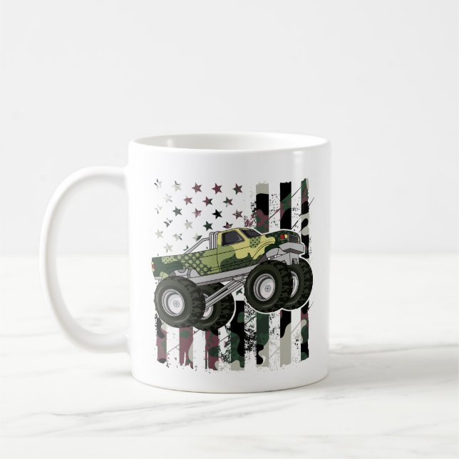 Retro Monster Truck Camouflage Amerikanische Flagg Kaffeetasse (Links)