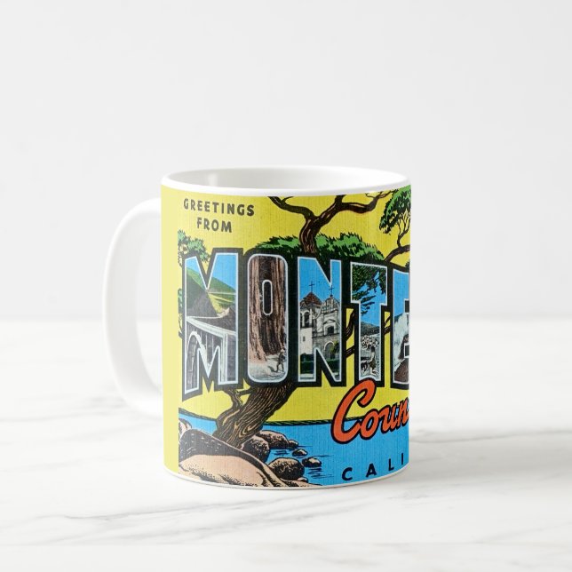 Retro Monterey Landkreis CA Grußveranstaltung Tass Kaffeetasse (Vorderseite Links)