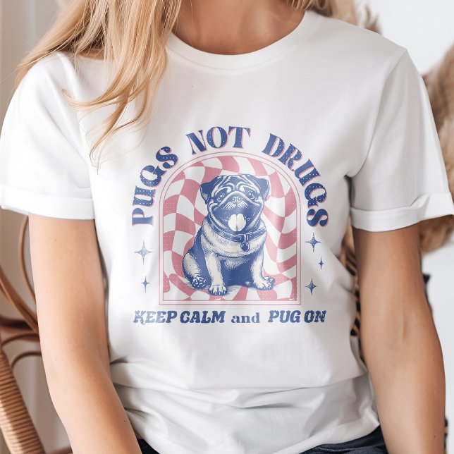 Retro "Mops not drogs" Bubblegum Pink and Blue Fun T-Shirt (This fun design showcases an adorable retro pug with muted pink and colors.)