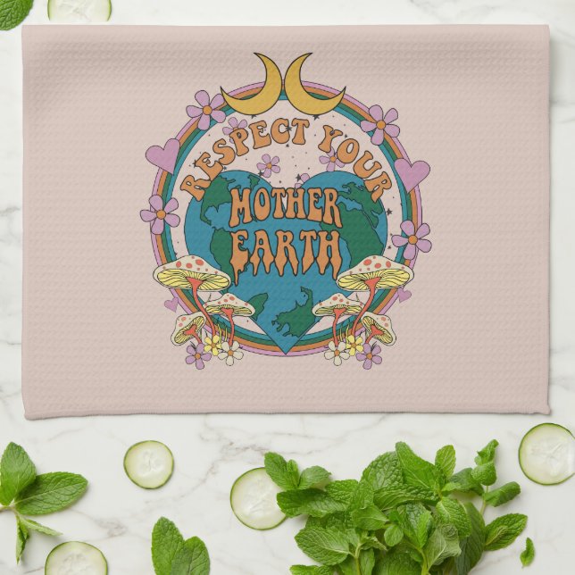 Retro Mother Earth Graphic der 70er Geschirrtuch (Gefaltet)