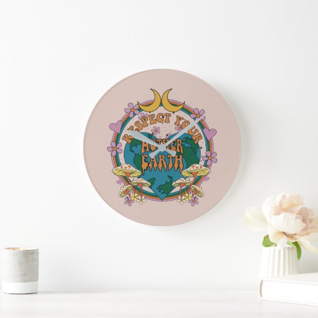 Retro Mother Earth Graphic der 70er Große Wanduhr (Zuhause)