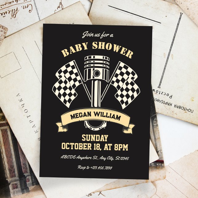 Retro Motorrad Rennmechanik Babydusche Einladung (Von Creator hochgeladen)