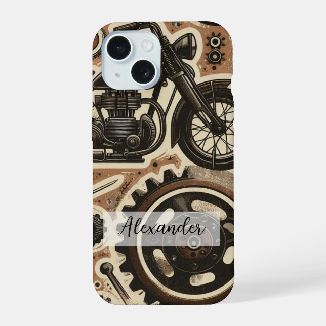 Retro Motorrad und Getriebe Handy Case iPhone 15 Hülle (Rückseite)