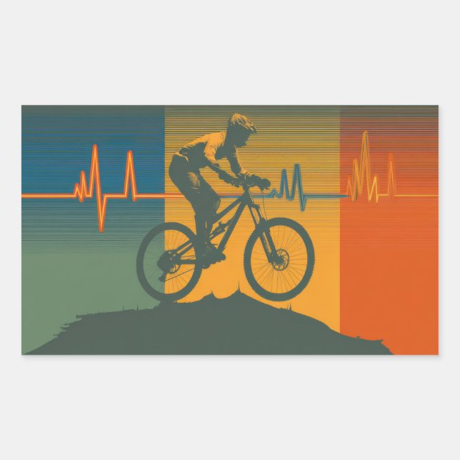 Retro Mountain Biker Heartbeat Rechteckiger Aufkleber (Vorderseite)
