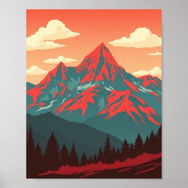 Retro Mountain Landscape Red Blue Poster (Vorne)