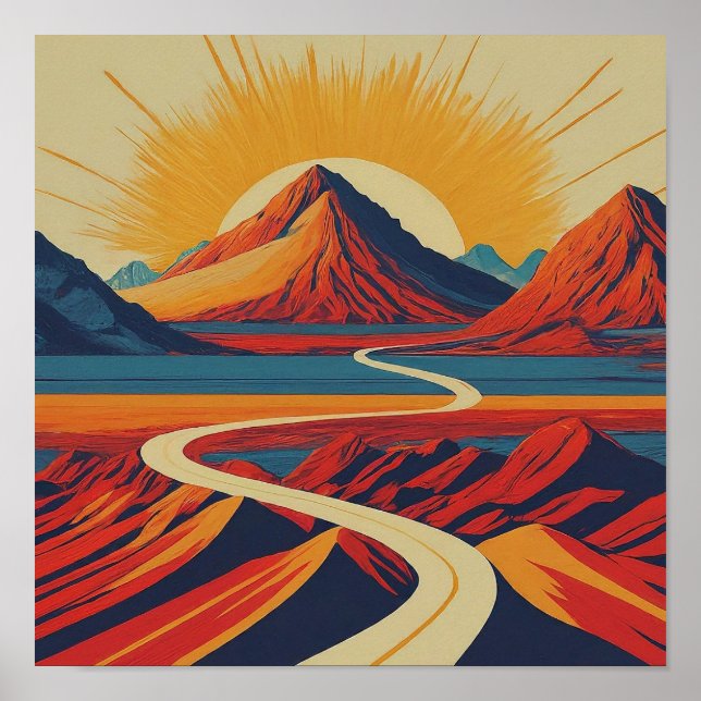 Retro Mountain Landschaft Illustration Modernes Ro Poster (Vorne)