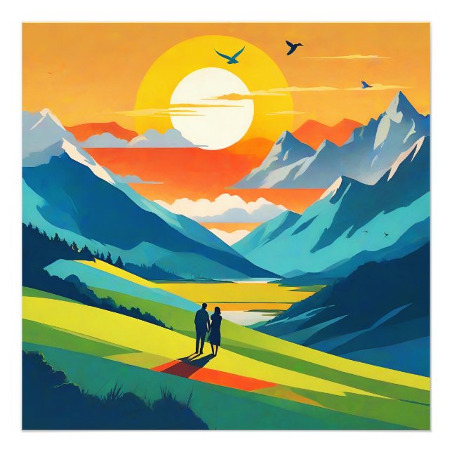 Retro Mountain Landschaft Liebe Fotodruck (Vorne)