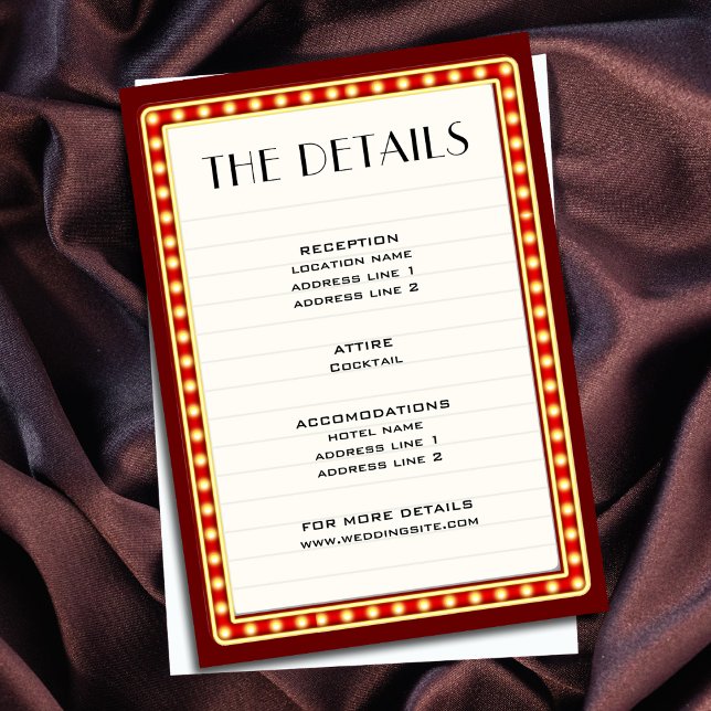 Retro Movie Theater Marquee Sign Wedding Details Begleitkarte (Retro Movie Theater Marquee Sign Wedding Details Enclosure Card)