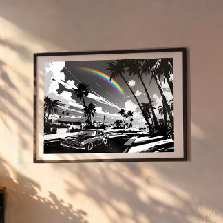 Retro Muscle Car Hawaii Rainbow Modern Street Art Poster