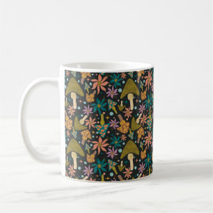 Retro Mushroom Floral Black Pattern Kaffeetasse