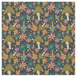 Retro Mushroom Floral Black Pattern Stoff