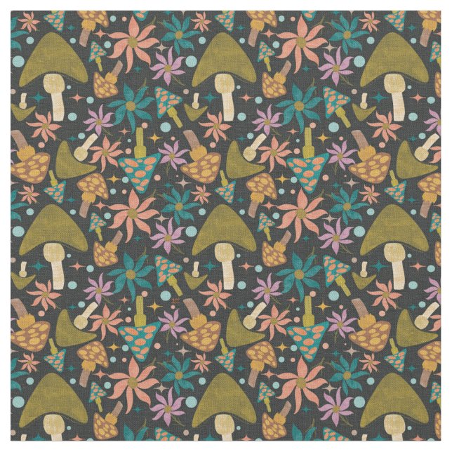 Retro Mushroom Floral Black Pattern Stoff (Nahaufnahme)