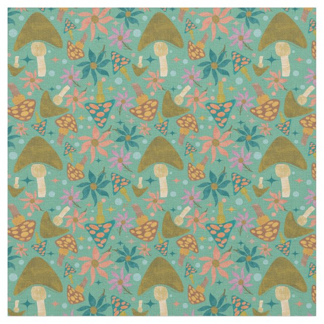 Retro Mushroom Floral Minze Muster Stoff (Nahaufnahme)