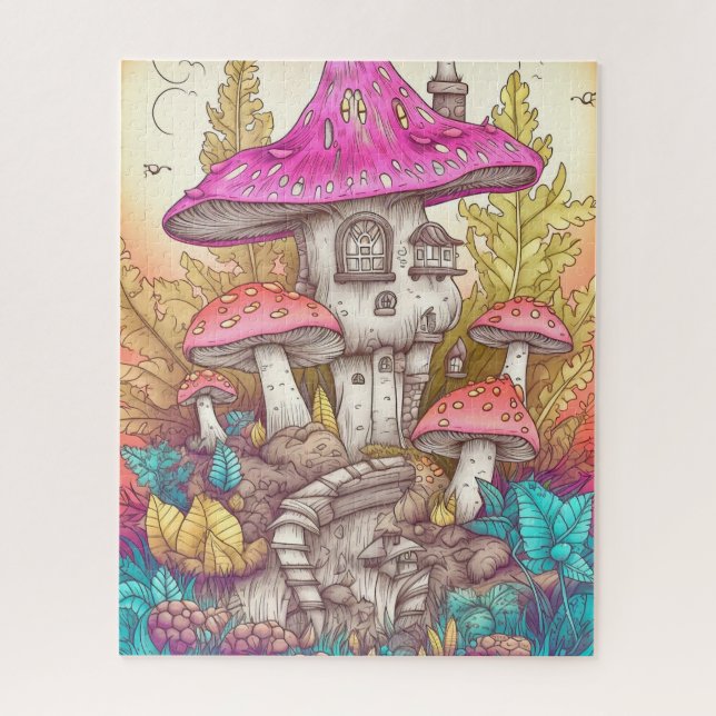 Retro Mushroom Village Illustration Art Puzzle (Vertikal)