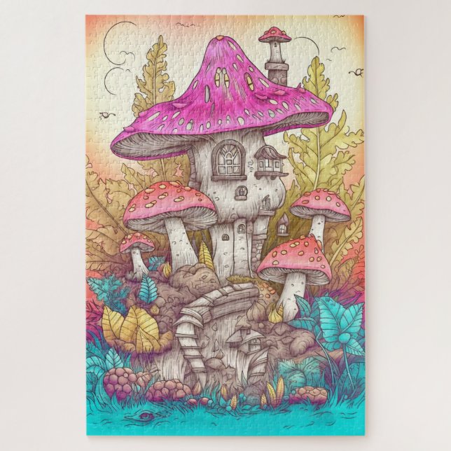 Retro Mushroom Village Illustration Art Puzzle (Vertikal)
