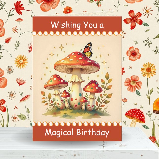 Retro Mushrooms and Butterfly | Friend's Birthday Karte (Von Creator hochgeladen)