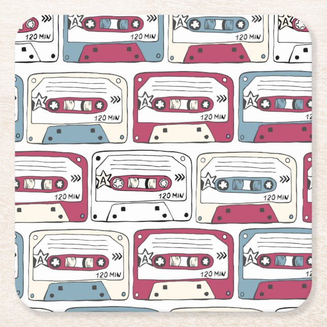 Retro Music Cassettes: Rock Background Pattern Rechteckiger Pappuntersetzer (Vorderseite)