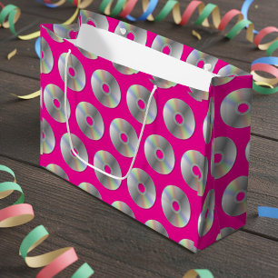 Retro Music CDs Muster Hot Pink Große Geschenktasc Geschenktüte