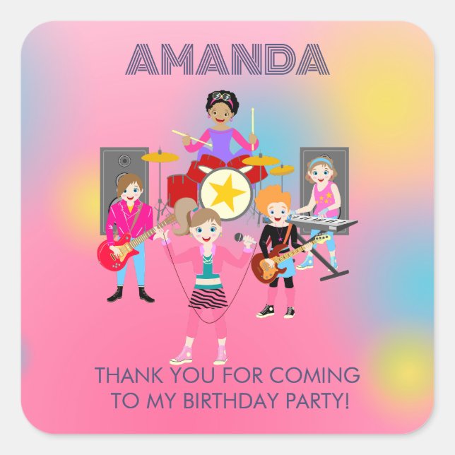 Retro Music Girls Band Birthday Party Quadratischer Aufkleber (Vorderseite)