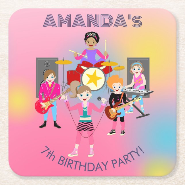 Retro Music Girls Band Birthday Party Rechteckiger Pappuntersetzer (Vorderseite)