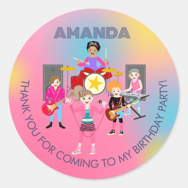 Retro Music Girls Band Birthday Party Runder Aufkleber (Vorderseite)