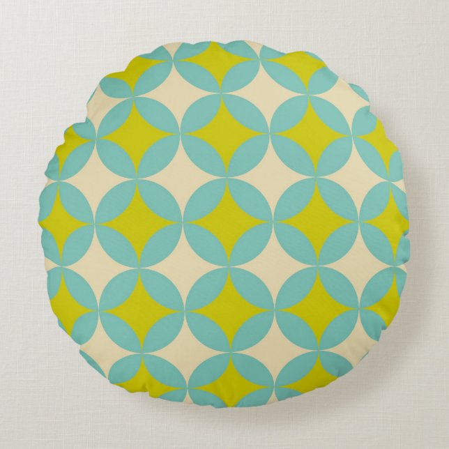 Retro Mustard and Teal Geometric Circle Pattern Rundes Kissen (Vorderseite)