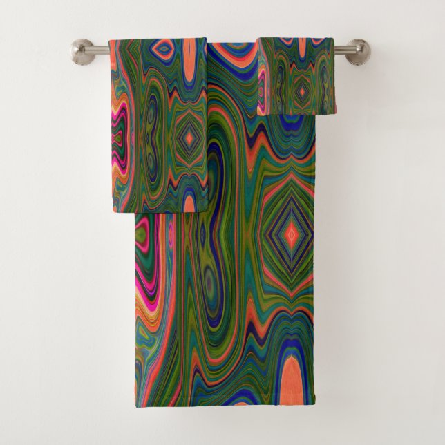 Retro-Muster Abstrakt Blau, Grün und Orange Badhandtuch Set (Insitu)