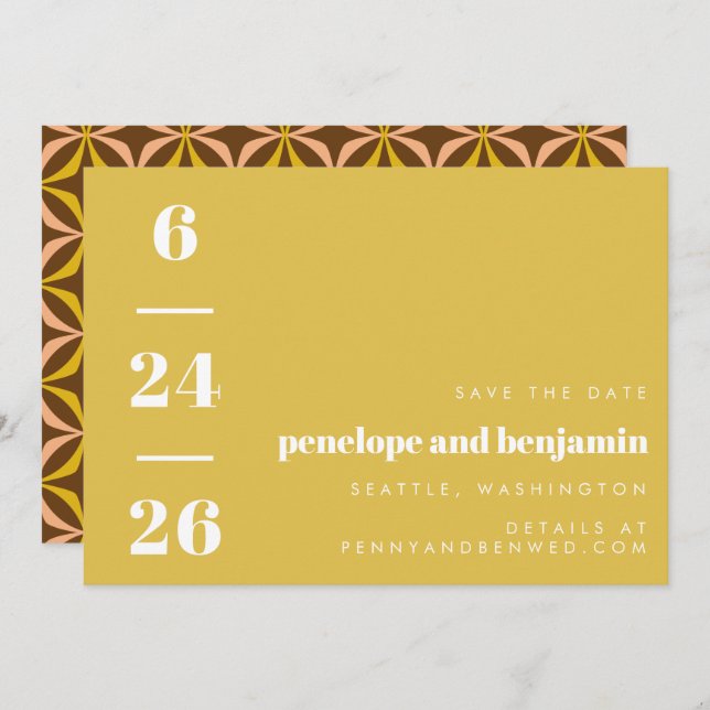 Retro Muster Bold Typografy Yellow Wedding Save The Date (Vorne/Hinten)