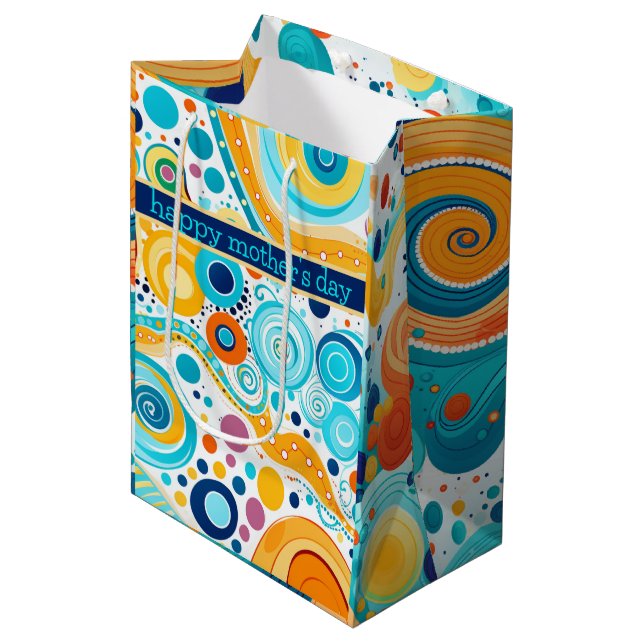 Retro Muster Gold Blue Aqua Orange Lila Mittlere Geschenktüte (Vorderseite Schrägansicht)