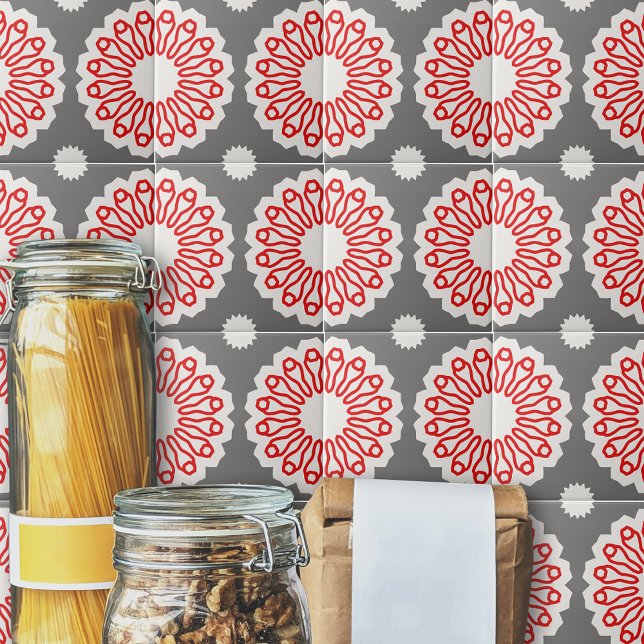 Retro-Muster, grau, rot und weiß, ethnisch geometr Fliese (Von Creator hochgeladen)