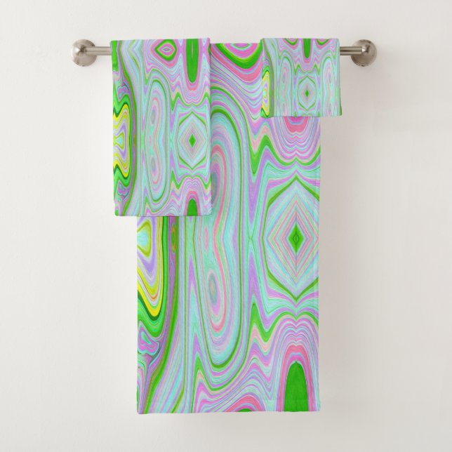 Retro-Muster in Abstrakt rosa, Limettengrün und Aq Badhandtuch Set (Insitu)