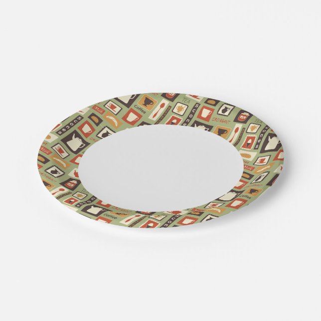 Retro-Muster mit Geschirr zum Frühstück Pappteller (Schrägansicht)