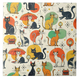 Retro-Muster mit Katzen im Stil des atomaren Zeita Fliese