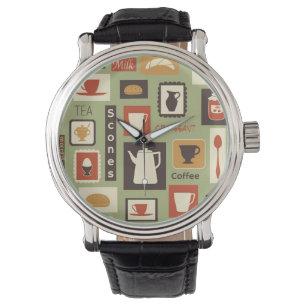 Retro Muster mit Küchen-Geschirr zum Frühstück Armbanduhr