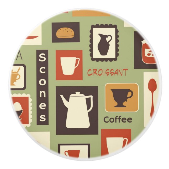 Retro Muster mit Küchen-Geschirr zum Frühstück Keramikknauf (Vorderseite)