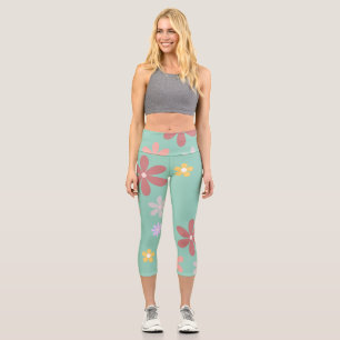 Retro-Muster mit mehrfarbigen Gänseblümchen Capri Leggings