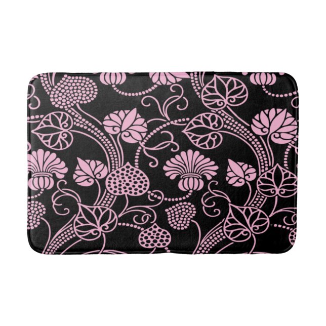 Retro-Muster rosa auf schwarz Badematte (Vorderseite)