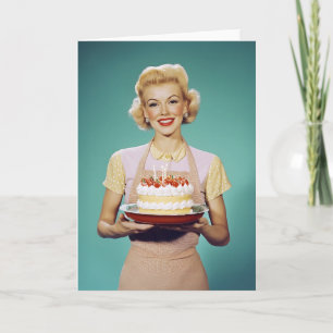Retro-Mutter hält eine Festtorte Einladung
