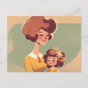 Retro-Mutter und Tochter in Senf und Salbei Postkarte
