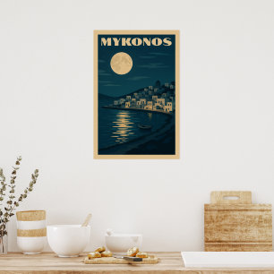Retro Mykonos Moon Vintag Art Déco Stil Reise Poster