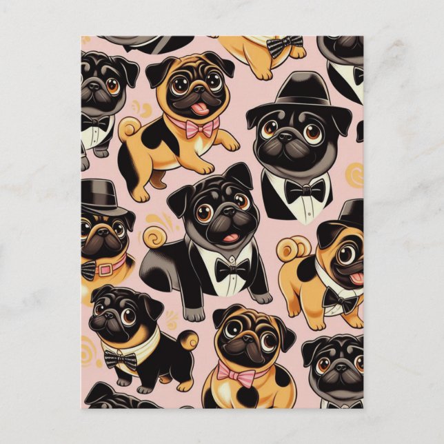 Retro Nahtloser Niedlicher Mops Postkarte (Vorderseite)
