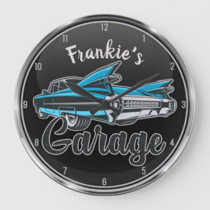 Retro NAME Blue Caddy Vintag Classic Car Garage Große Wanduhr