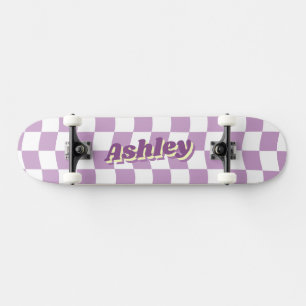 Retro Name Girly Lila White Schachbrett Muster Skateboard