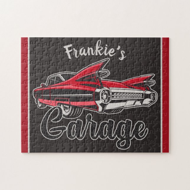 Retro NAME Red Caddy Vintag Classic Car Garage Puzzle (Horizontal)