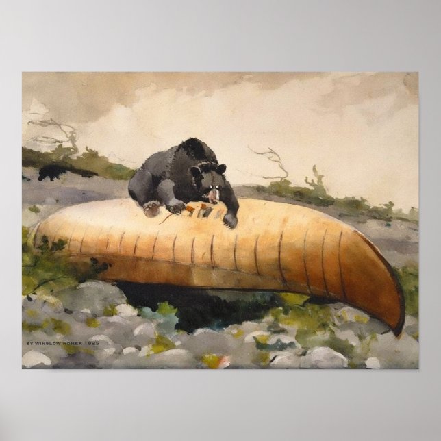 Retro Nature Art Bären mit Kanufahrt Poster (Vorne)